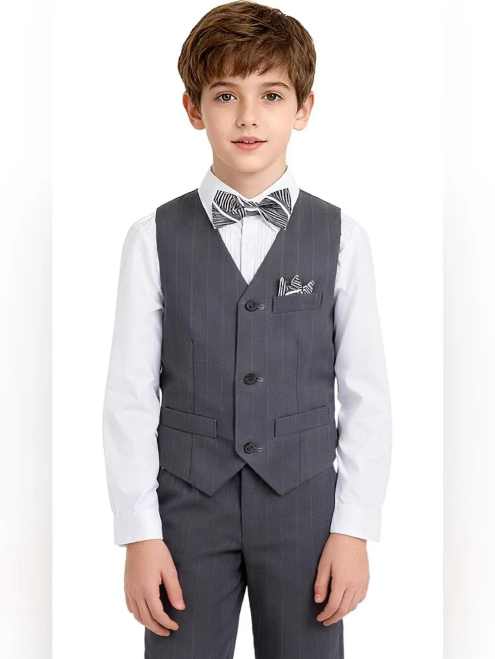 Boy's Suit 6-Piece Grey Pinstripe Formal Vest Set, Size 12